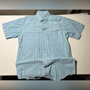 Vintage L.L. Bean Men's Aqua and Blue Striped Shirt made in USA
